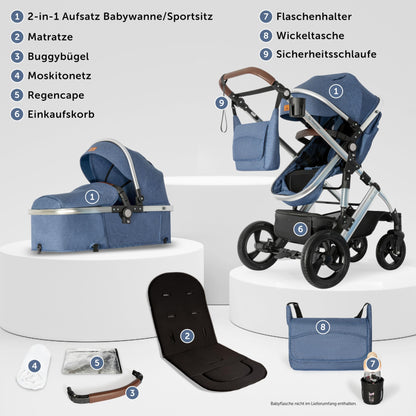 Bergsteiger Nizza 3 in 1 Kinderwagen, Kombikinderwagen Komplettset, Auto-Babyschale & Isofix Station, Babywanne & Buggy Sportsitz inklusive