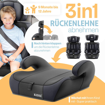 Autokindersitz mit Isofix i-Size R129 100-150cm bis 12 Jahre, Kinderautositz Gruppe 1/2/3, mitwachsender Kindersitz, 5-Punkt-Gurt & höhenverstellbare Kopfstütze, Sitzerhöhung Auto, Schwarz