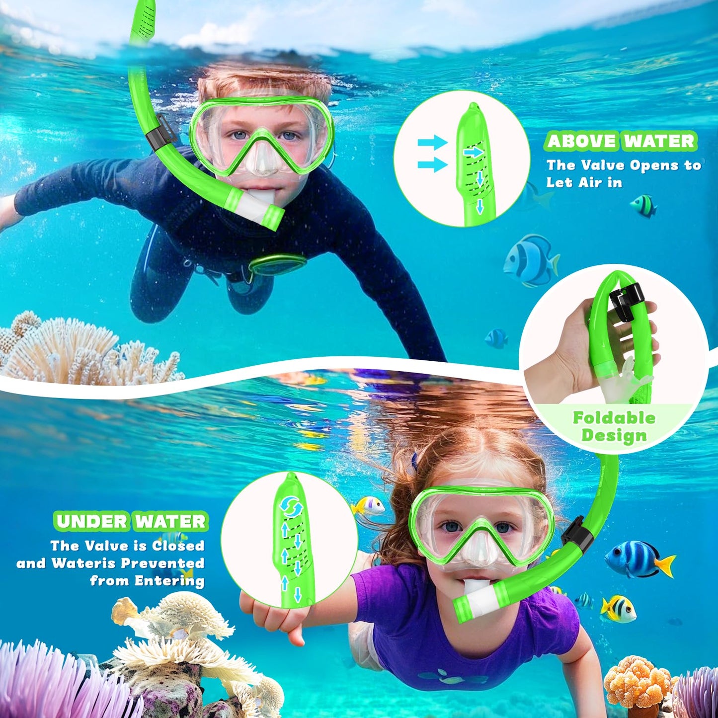 SkrekuiMa Taucherbrille Kinder | Schwimmbrille Kinder Schnorchelmaske Anti-Fog Anti-Leck | Tauchmaske Kinder 180°Panorama HD Tempered Glas für Kinder 4-12 Jahre Jungen Mädchen