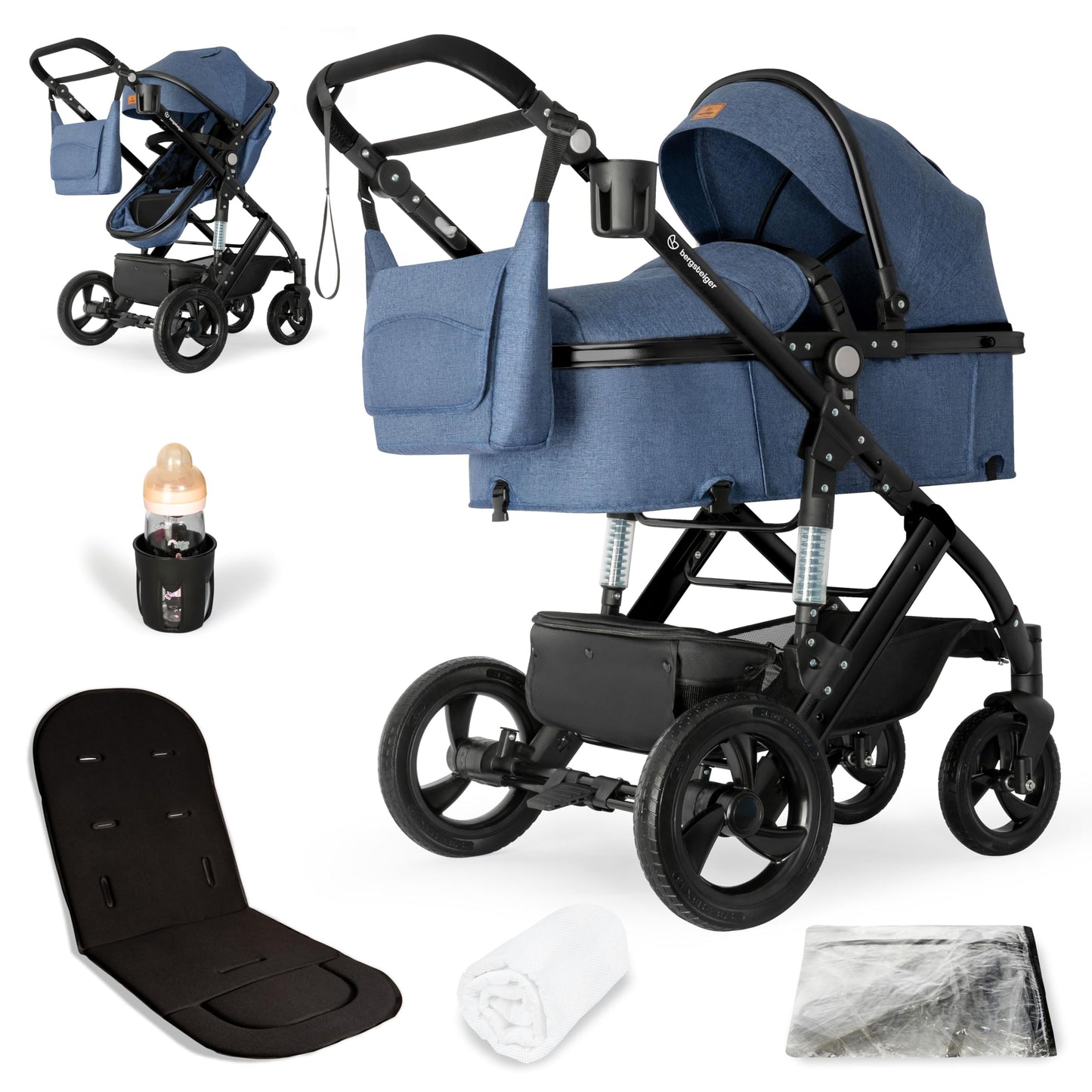 Bergsteiger Nizza 3 in 1 Kinderwagen, Kombikinderwagen Komplettset, Auto-Babyschale & Isofix Station, Babywanne & Buggy Sportsitz inklusive