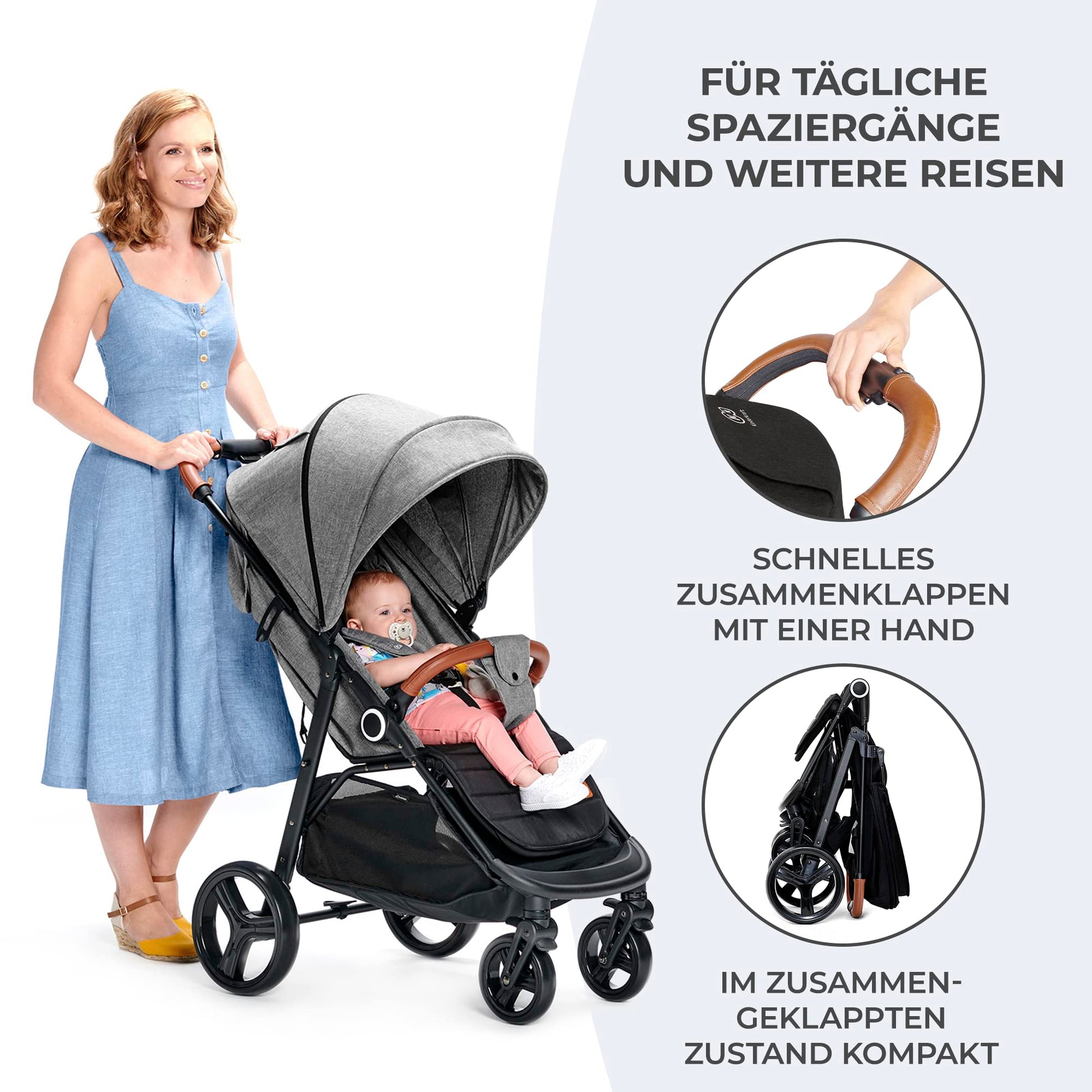 Kinderkraft GRANDE PLUS Kinderkraft Buggy von Geburt bis 22 kg, Zusammenklappen mit einer Hand, Liegeposition, großes Verdeck mit Fenster, alle 4 Räder gedämpft, geräumige Sitz, Grau - Meloni2