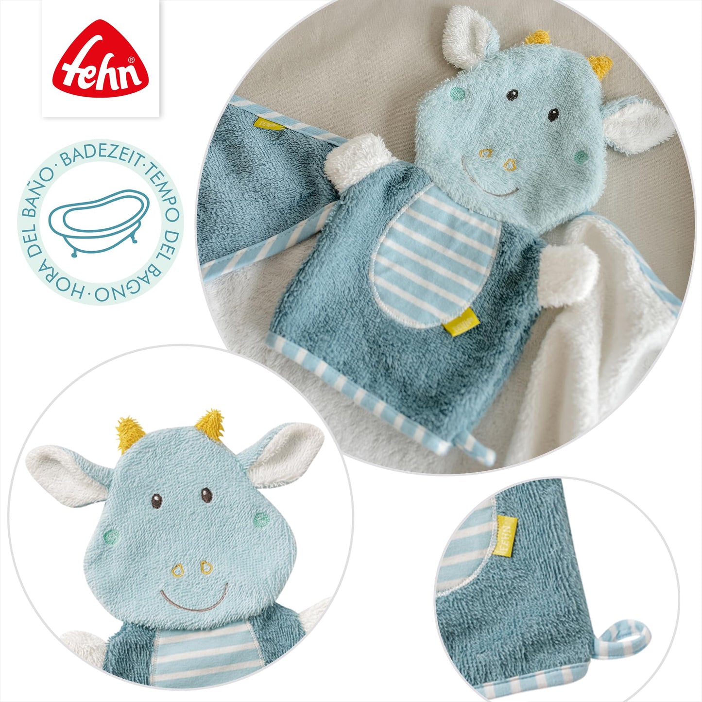 Fehn Waschlappen Lama - Waschhandschuh mit Tiermotiv - Badewannenspielzeug für fröhlichen Badespaß - Babywaschlappen für die Badewanne - weicher Handtuchfrottee für Babys und Kinder ab 0+ Monaten