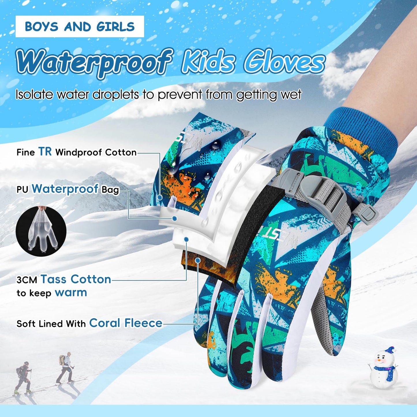 CYCLESPEED Kinder Winddicht Winterhandschuhe Warm Skihandschuhe Wasserdicht für 4-12 Jahre Mädchen Jungen Fahrradhandschuhe Outdoor Snowboarding
