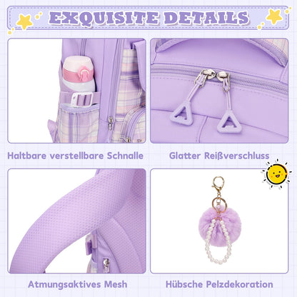 Rucksack mädchen 22L ergonomisch mit reflektierenden Streifen | Wasserdichtes Karogewebe, atmungsaktives 3D-Rückenpolster, zahlreiche getrennte Fächer, passend für 15,6-Zoll-Laptops