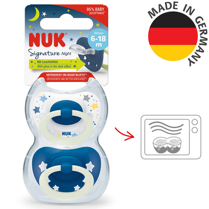 NUK Signature Baby Pacifier | 0-6 Months | Soothes 95% of Babies | BPA Free Silicone Heart-Shaped Pacifier | With Case | Green Stars | Pack of 2