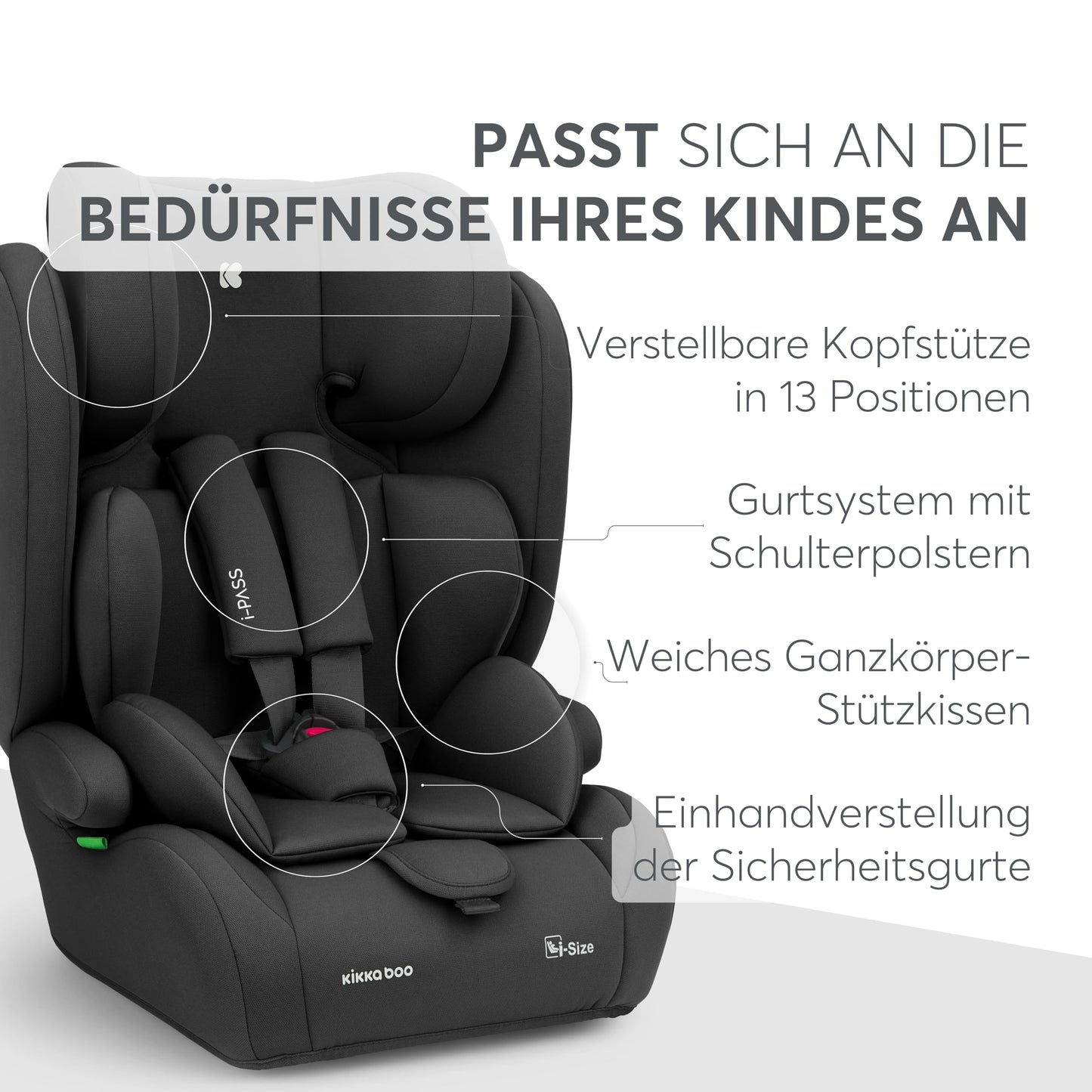 KikkaBoo i-Pass, Kindersitz 9–36 kg, Gruppe 1/2/3 Auto Kindersitz für Kinder 76–150 cm (15 Monate – 12 Jahre), i-Size, 13-fach verstellbare Kopfstütze, Schwarz - Meloni2