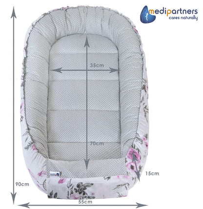 Medi Partners Babynestchen Babynest Set 100x60x15 Kuschelnest 5 teilig herausnehmbarer Einsatz Kokon Nestchen Babys Neugeborene 100% Baumwolle (REH mit Grauem Minky)