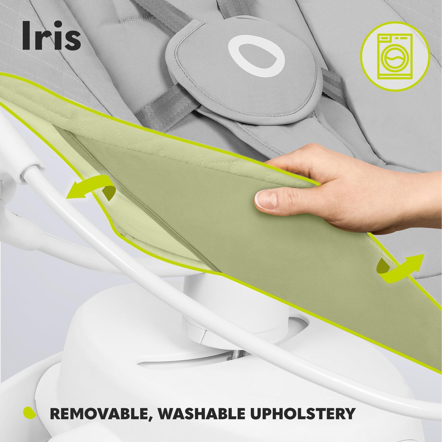 LIONELO Iris Electric Baby Rocker 360° Rotatable for Babies up to 9 kg Adjustable Backrest, 5 Weighing Speeds, Non-Slip Safety Belt, 12 Melodies Hanger with Toy Remote Control