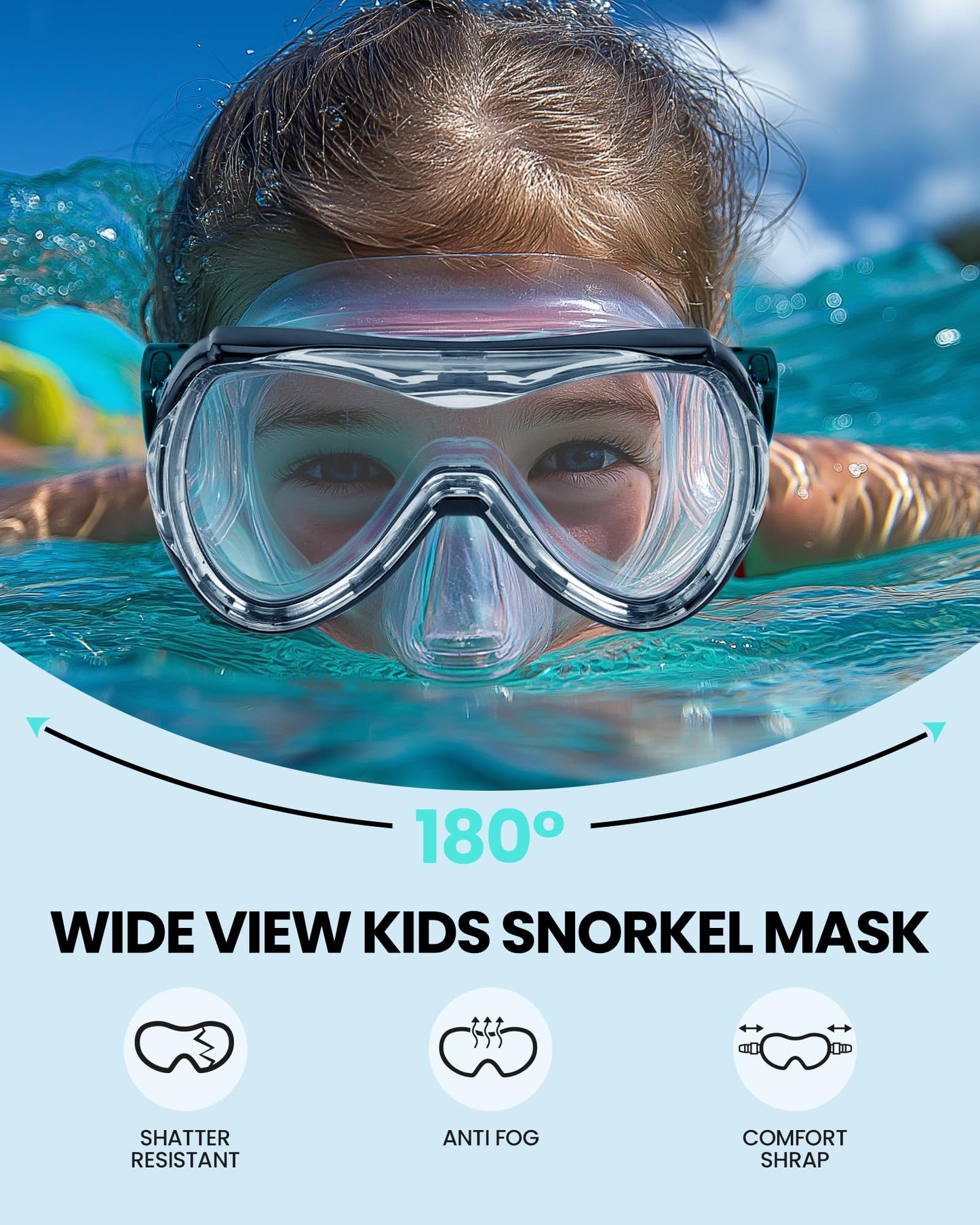 OutdoorMaster Marlin Children's Snorkel Set, Adjustable Strap, Dry Top Diving Mask, Anti-Fog Snorkel Mask, Children's Swimming Goggles for Boys and Girls, Age 4-14
