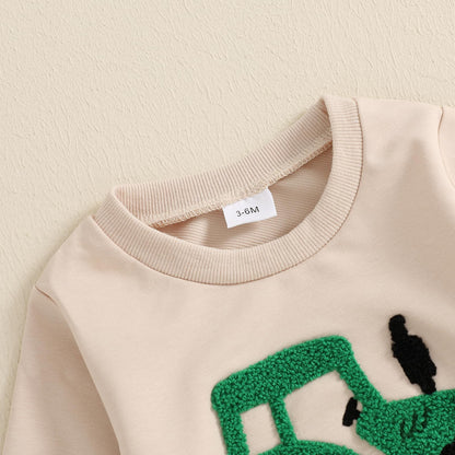 Baby-Frühlings-Outfit für Jungen, Trainingsanzüge mit Traktor-/Auto-Print, Sweatshirts mit langen Ärmeln mit Autodruck + elastische Kordelzughose, 2-teiliges Sportbekleidungsset, weiche Traktor-Outfits