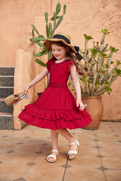 Arshiner Girls Dresses Flutter Sleeves Kids Summer Cotton Formal Dress A-Line Waist Lace-up Casual Dress Swing Dress Elegant Sleeveless Dress for Girls 5-13 Years 