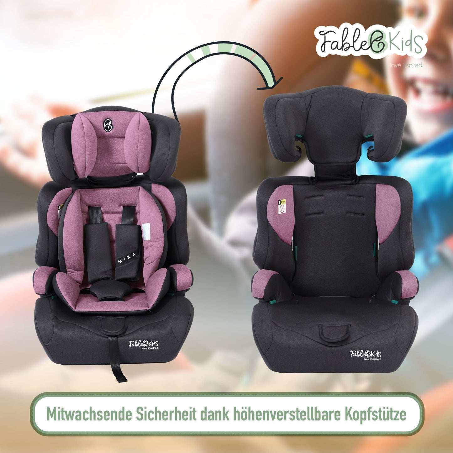 FableKids Kinderautositz 9-36 kg | 3-Punkt-Sicherheitsgurt | Autokindersitz ab 15 M. | Autositz für Kinder 76-150 cm | Kindersitz einstellbare Kopfstütze ECE R129/03 | Verstellbar | Schwarz