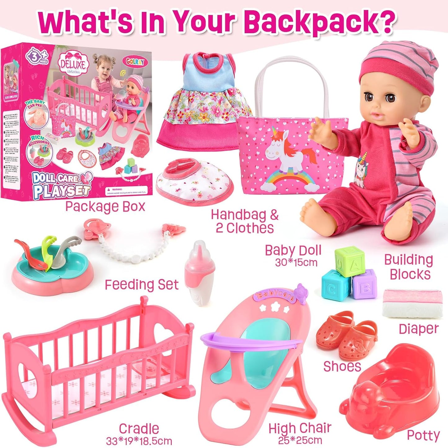 Tacobear Baby Puppe Zubehör Babypuppe Pflegeset Spielzeug,30cm Interaktive Puppen mit Sound, Puppenkleidung, Nippel, Windeln, Kinderbett, Hochstuhl, Spielzeug Geschenk für Mädchen 3 4 5 6 Jahre