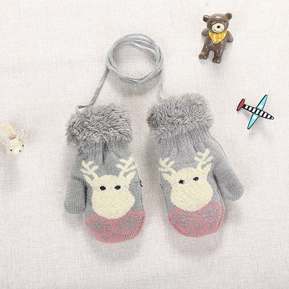 Kids Winter Gloves Mittens Baby Cartoon Mitten Neck Gloves Thick Double Knitted Glove with Plush,0 - 3 years old, Playing, Running, Skiing