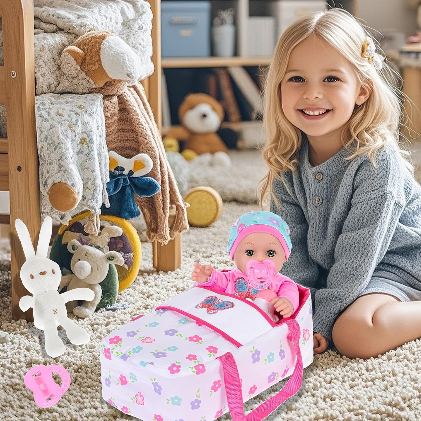 30 cm / 12 inch baby doll with outfits, feeding, nipple, rabbit toy and a hand cradle (including doll)
