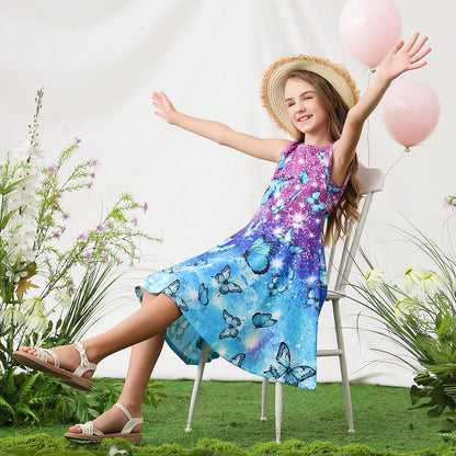 kids4ever Mädchen Kleid Ärmellos Sommerkleid Rundhals A-Linie Swing Kleid Meerjungfrau Galaxie Prinzessin Party Geburtstag 4-12 Jahre