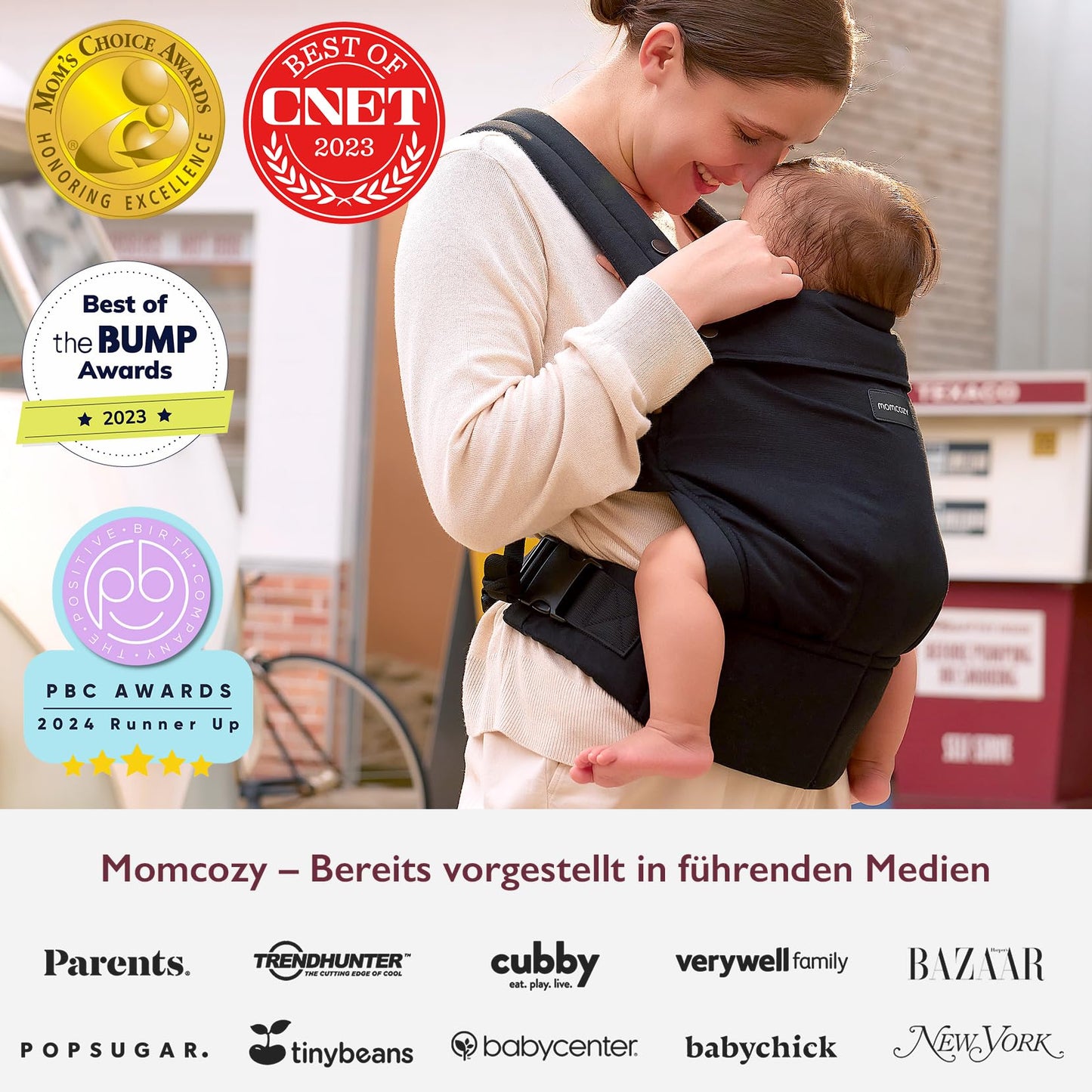 Momcozy Babytrage aus 100% Baumwolle – Baby Carrier für Kleinkind (3-24 Monate, 3,2-20 kg) · Ergonomische M-Position · X-Rücken · Taillengurt 64-127cm, Khaki