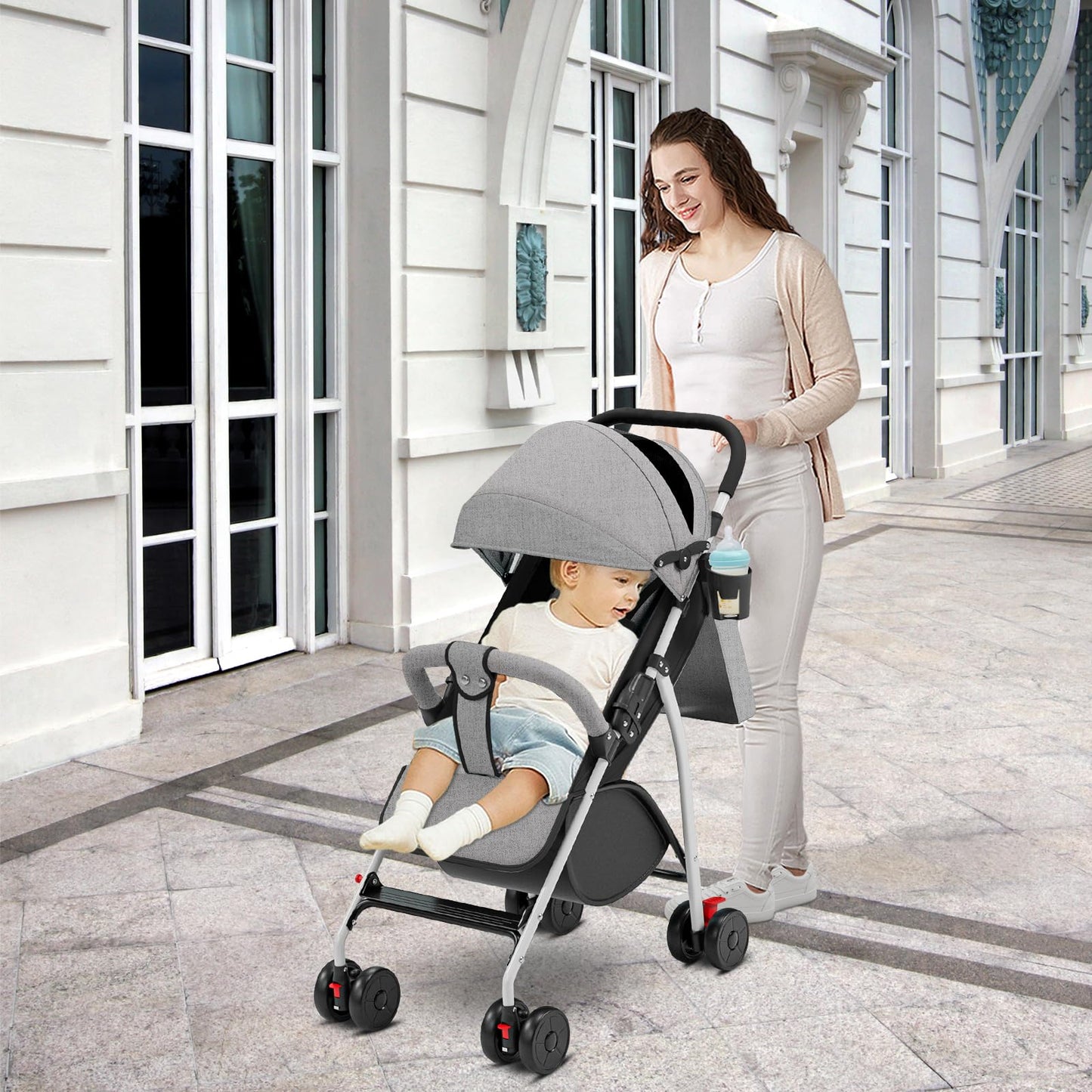 Buggy für Babys, ultraleicht, kompakt, faltbar und neigbar, von Geburt bis 25 kg, mit Trolley-System, Regenschutz inklusive, ausziehbarer Haube, C-schwarz