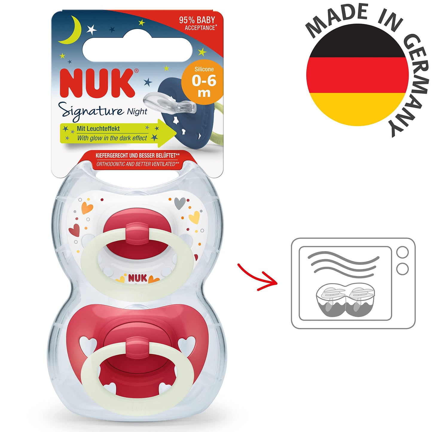 NUK Signature Baby Pacifier | 0-6 Months | Soothes 95% of Babies | BPA Free Silicone Heart-Shaped Pacifier | With Case | Green Stars | Pack of 2