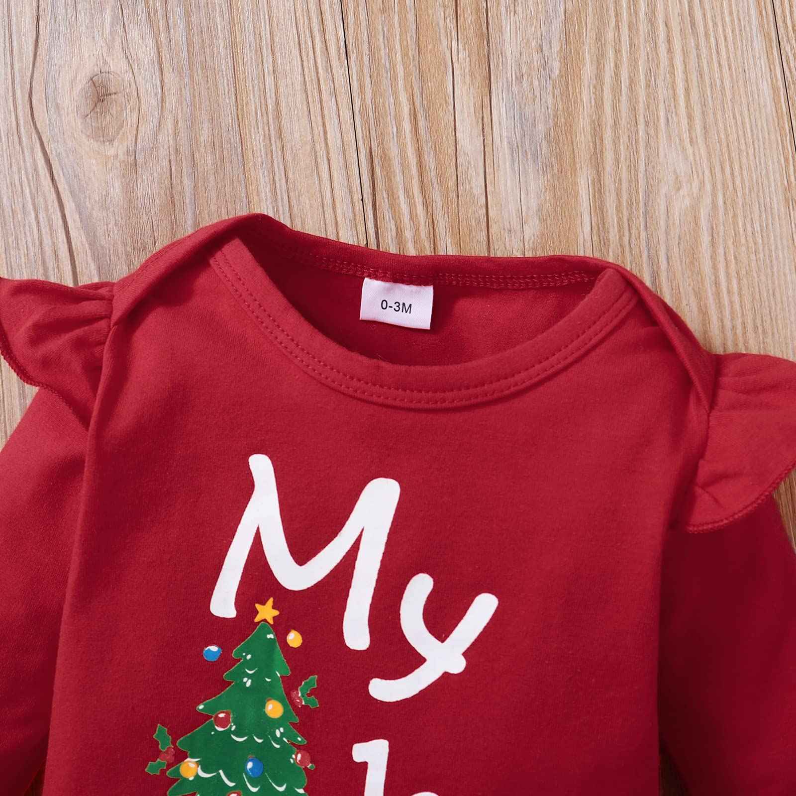 Verve Jelly Toddler Baby Girl My 1st Christmas Outfits Xmas Romper Long Sleeve Letter Print Bodysuit Snowflake Trousers with Hat Headband Set of 4