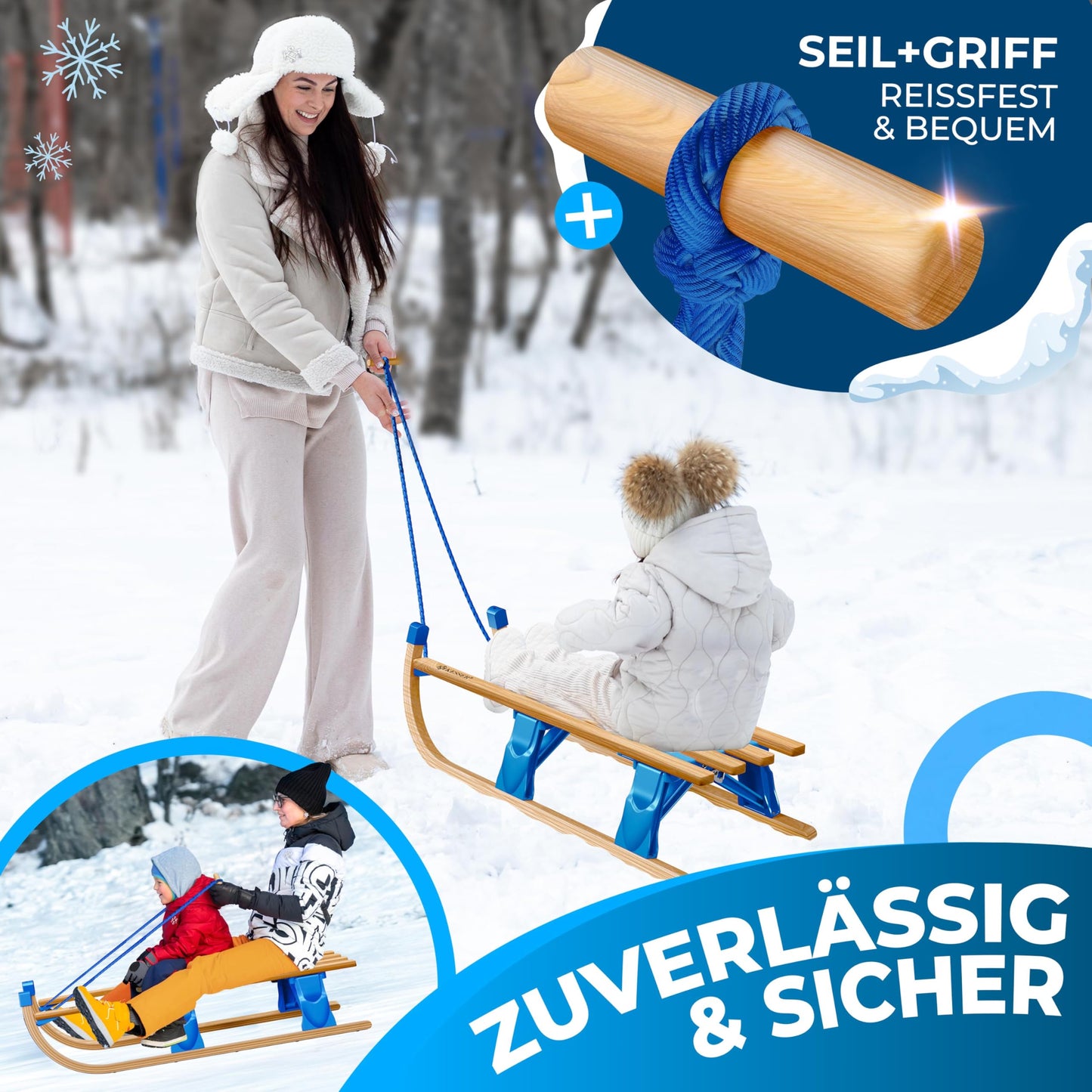 KESSER® Wooden Sledge Premium Children's Folding Sledge Made of Beech Wood Including Pull Rope Slider Metal Runners