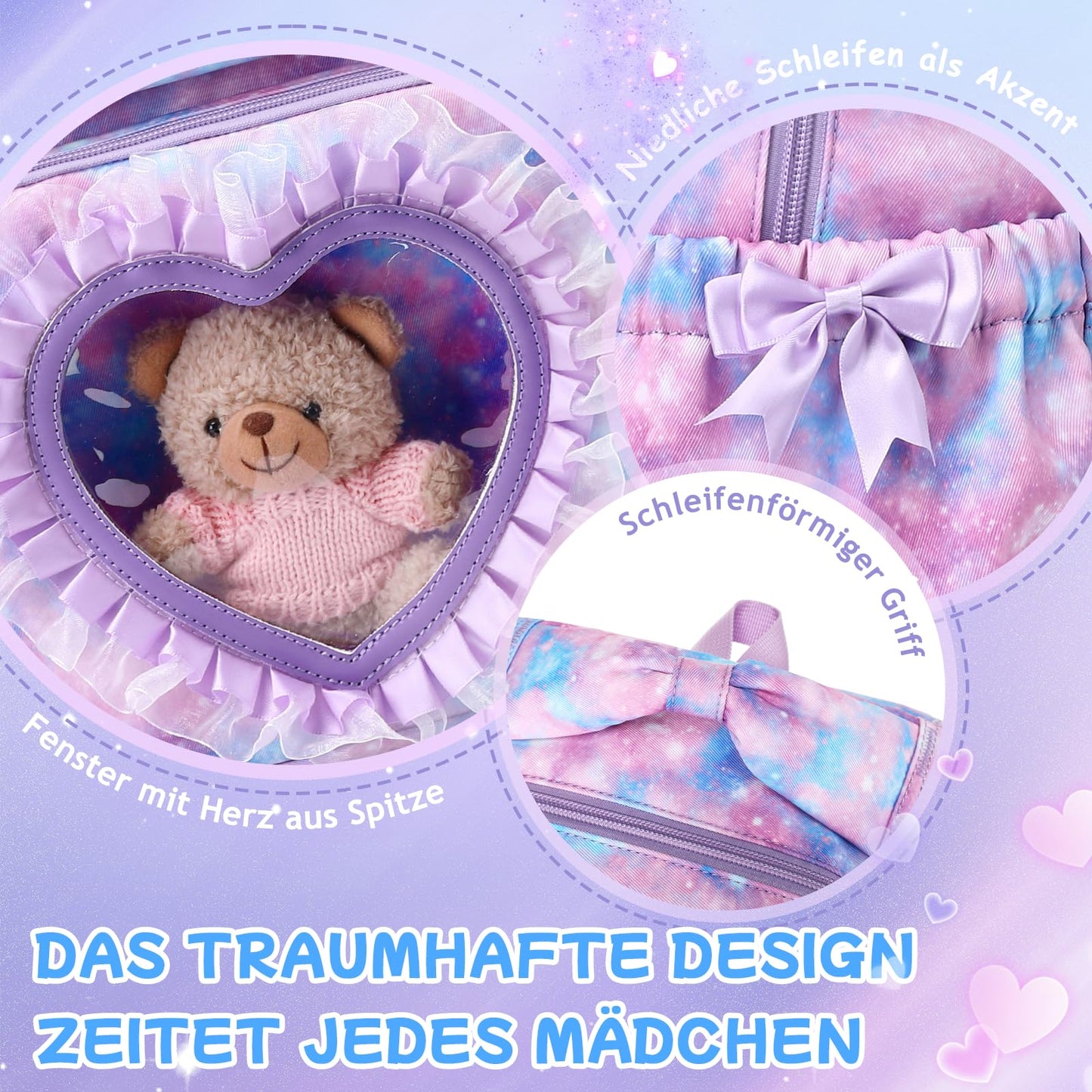 Schulrucksack Mädchen Herzdesign 22L mit Gepäckgurt für Schule | Spitze & Schleifendetails, Ergonomische 3D-Rückenpolsterung, wasserabweisendes Polyester, zahlreiche getrennte Fächer