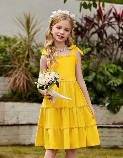 Arshiner Mädchen Kleider Fliege Trägerkleid Kinder Baumwolle Sommerkleid Ärmelloses A-Linie Swingkleid Schulterfrei Elegant Freizeitkleid für Mädchen 5-15 Jahre