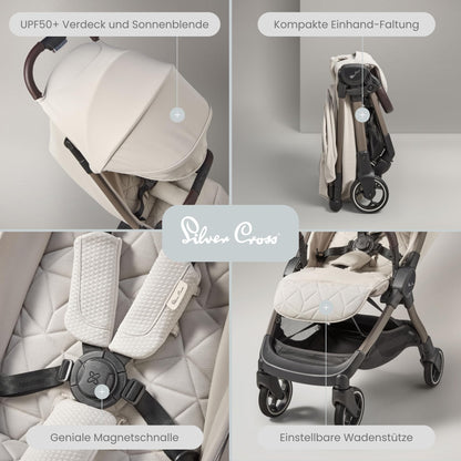 Silver Cross | Clic Kompakt-Kinderwagen | Reisekinderwagen | faltbarer & leichter Kinderwagen | Kabinengröße | Neugeborene - 4 Jahre | Almond
