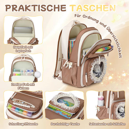 Schulrucksack Mädchen Herzdesign 22L mit Gepäckgurt für Schule | Spitze & Schleifendetails, Ergonomische 3D-Rückenpolsterung, wasserabweisendes Polyester, zahlreiche getrennte Fächer