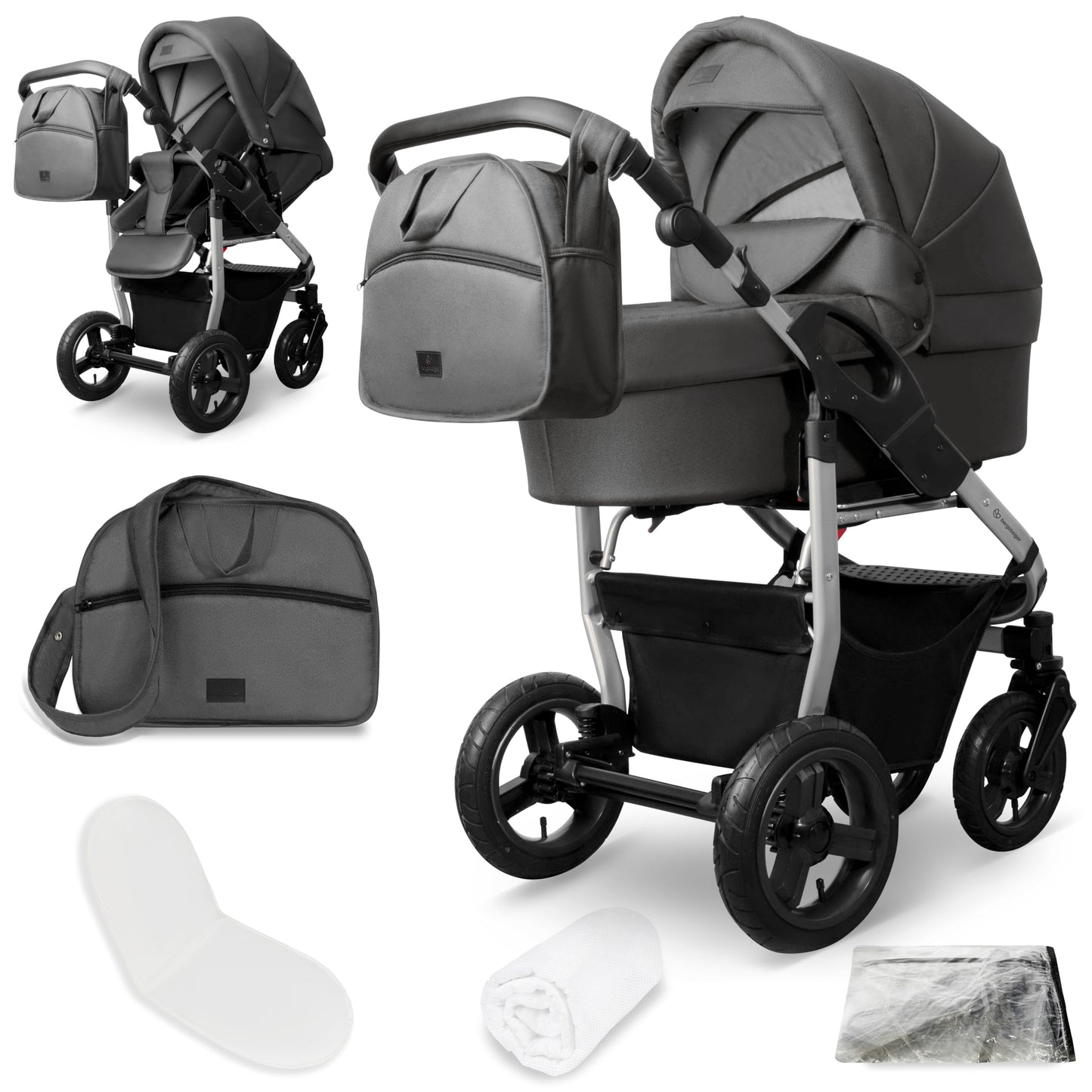 Bergsteiger Capri 3-in-1 Combination Pushchair - Baby Carrier, Sports Seat & i-Size Baby Seat, Pneumatic Tyres, Suspension, Height-Adjustable Handle, Foldable, Accessories
