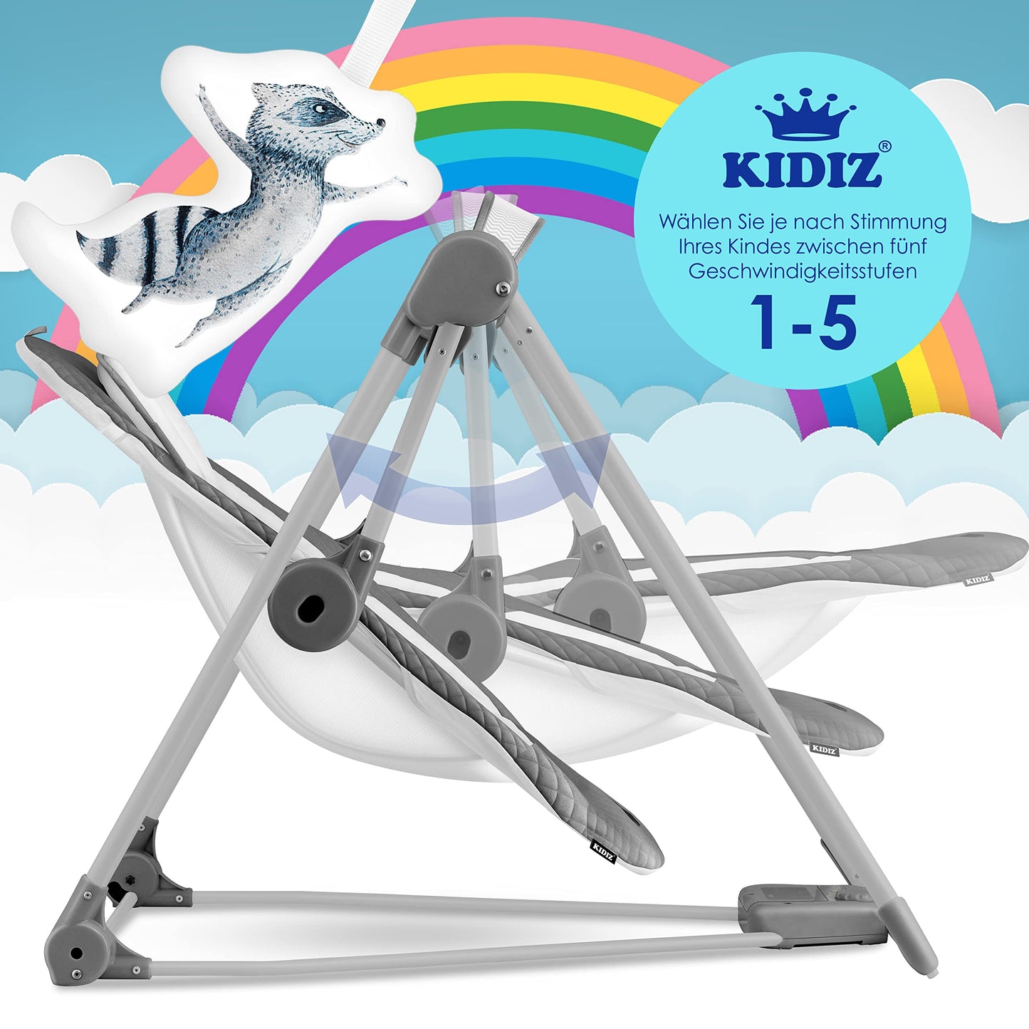 KIDIZ® Baby Rocker Baby Swing with 5 Speed Settings Foldable Baby Rocker Swing Baby High Chair with Play Arch Toys 5 Soothing Natural Sounds Newborn Anthracite