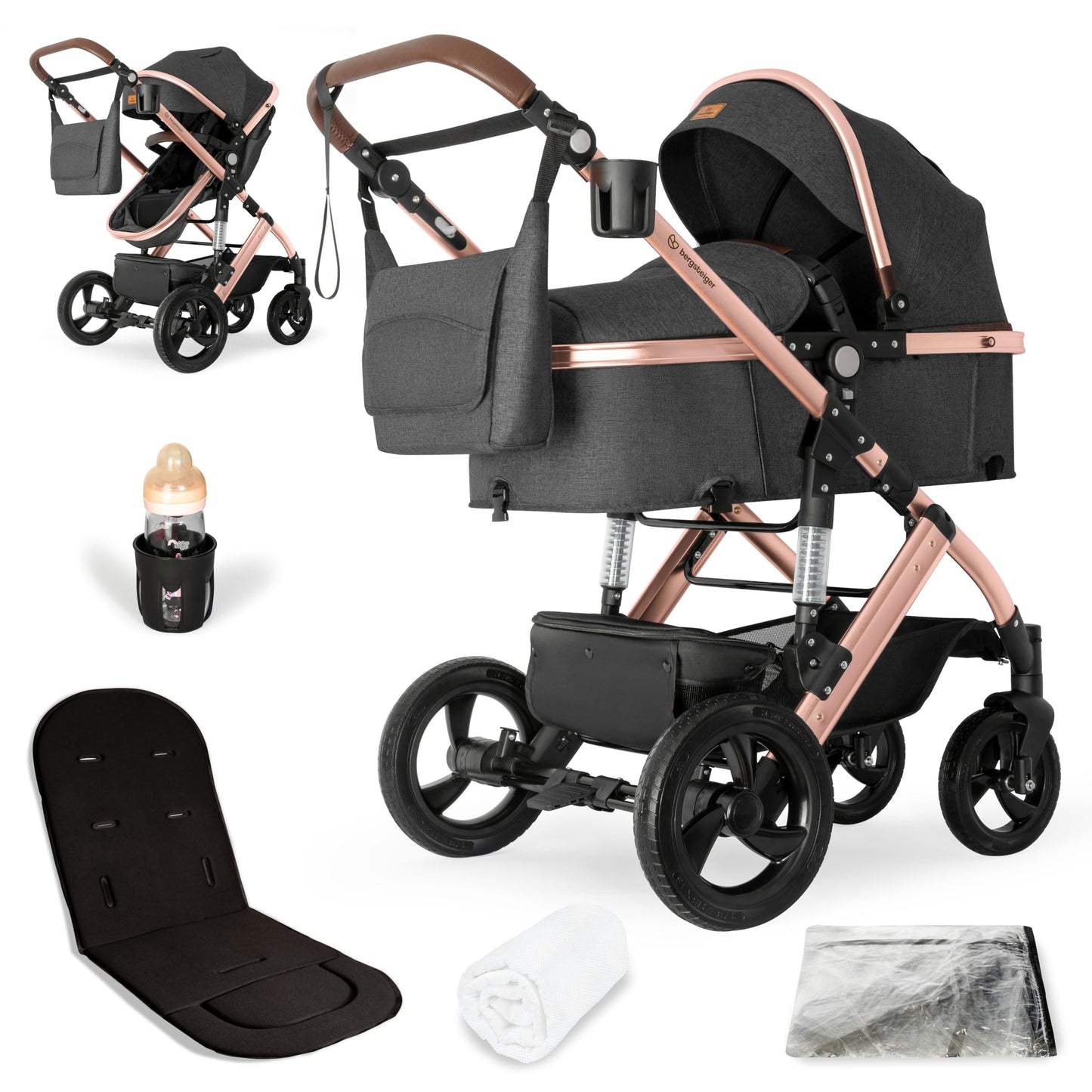 Bergsteiger Nizza 3 in 1 Kinderwagen, Kombikinderwagen Komplettset, Auto-Babyschale & Isofix Station, Babywanne & Buggy Sportsitz inklusive