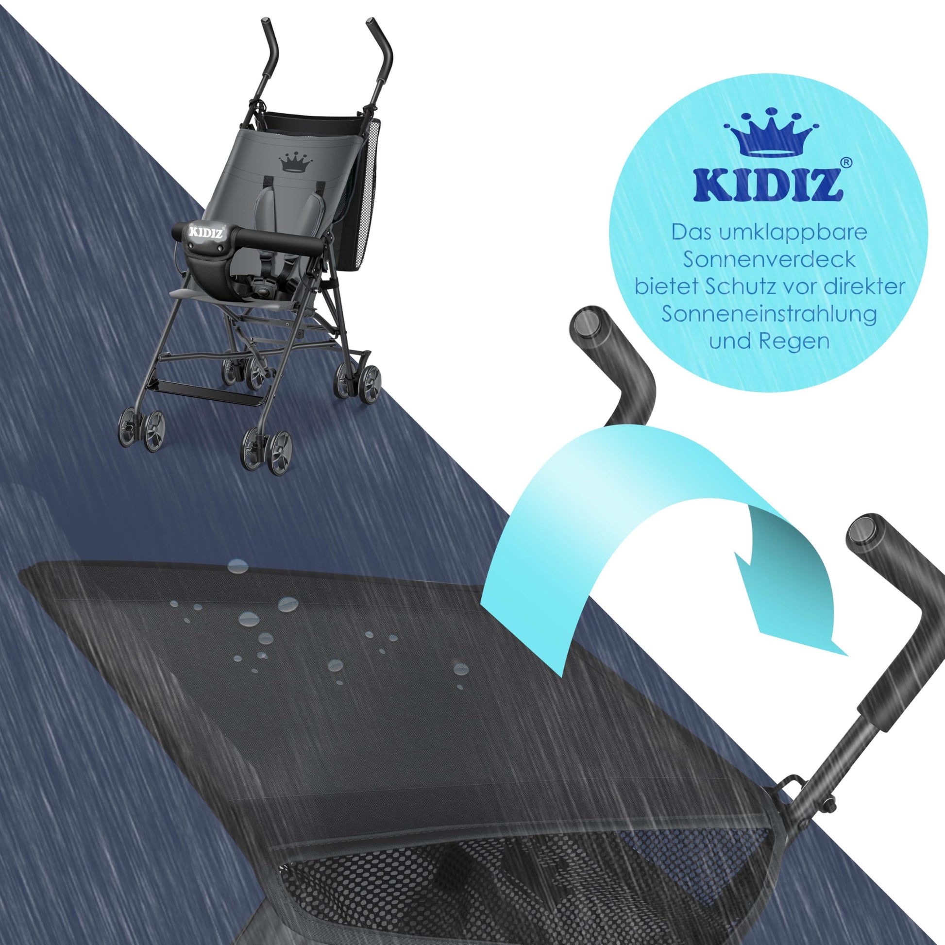 KIDIZ® City Buggy Foldable 360° 4 Inch Wheels Including Sun and Rain Cover Foldable 5-Point Safety Belt from 6 Months Anthracite - Meloni2
