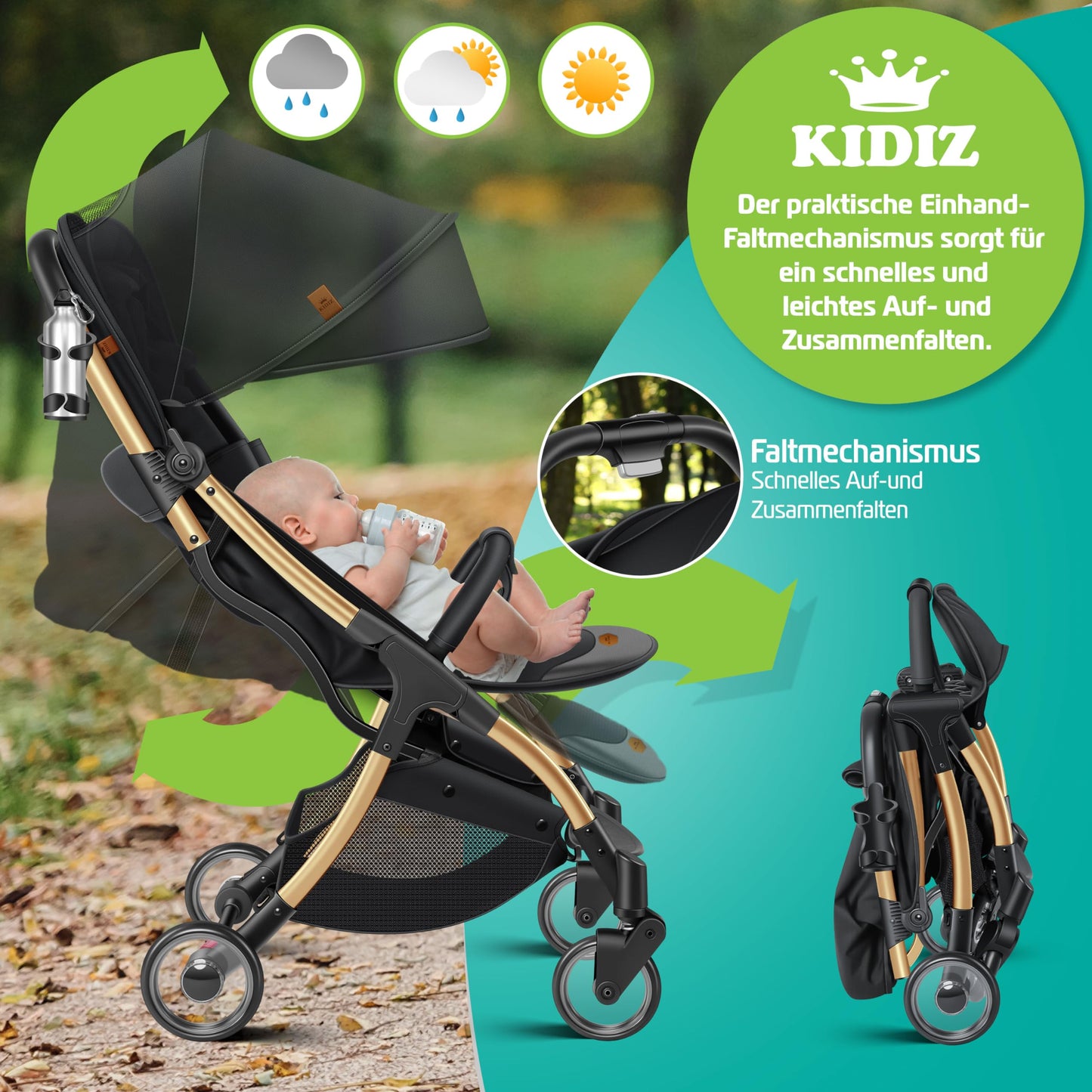 KIDIZ® Folding Pushchair, Sports Pram, 360° Wheels, 5-Point Harness, incl. Drinks Holder, Rain Cover, Adjustable Backrest and Sun Canopy, Red