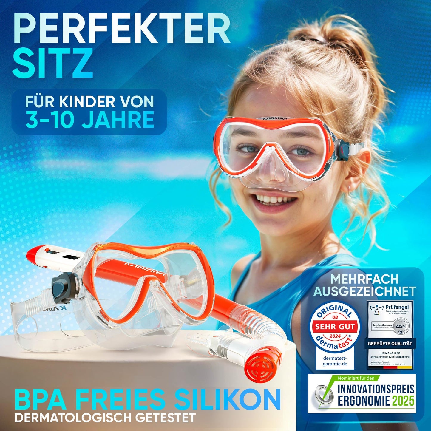 Das Neue KAIMANA® SeaExplorer Schnorchelset Kinder + Tragetasche, Taucherbrille mit Schnorchel, Taucherbrille Kinder, Alternative zur Schnorchelmaske Kinder, Taucherbrille mit Stoffband/Silikonband