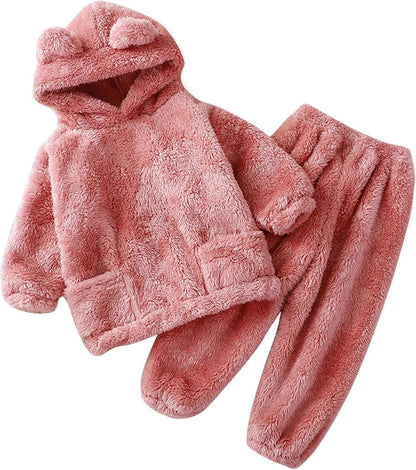 Fccrian Kleinkind Kinder Baby Mädchen Jungen Kleidung Winter Warm Kapuze Ohr Sweatshirt Tops und Hosen 2-teiliges Herbst-Outfits Pyjama Nachtwäsche Set Baby Pyjama einfarbig