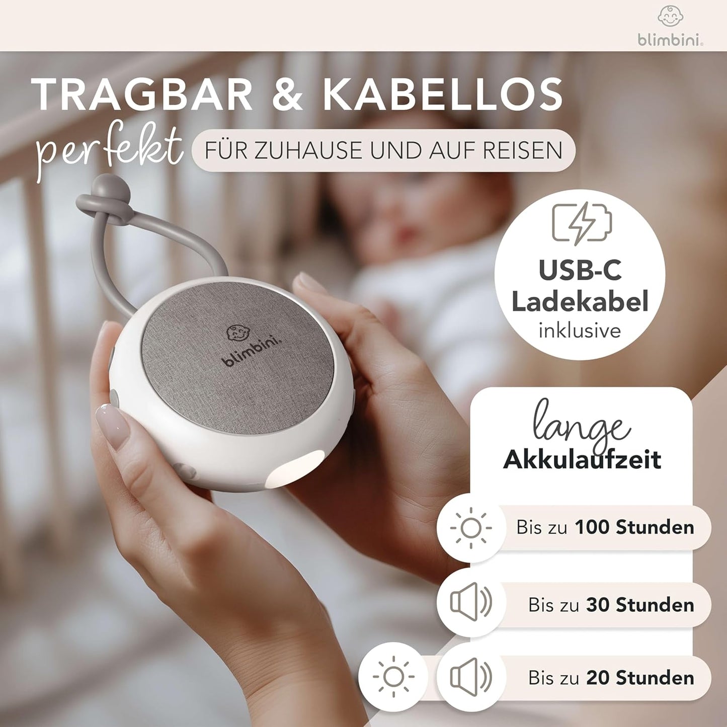 White Noise Machine Baby - Einschlafhilfe für Babys mit Nachtlicht - Regengeräusche zum Einschlafen, Meeresrauschen & Einschlafmusik - Sound Machine für unterwegs - weißes Rauschen Baby