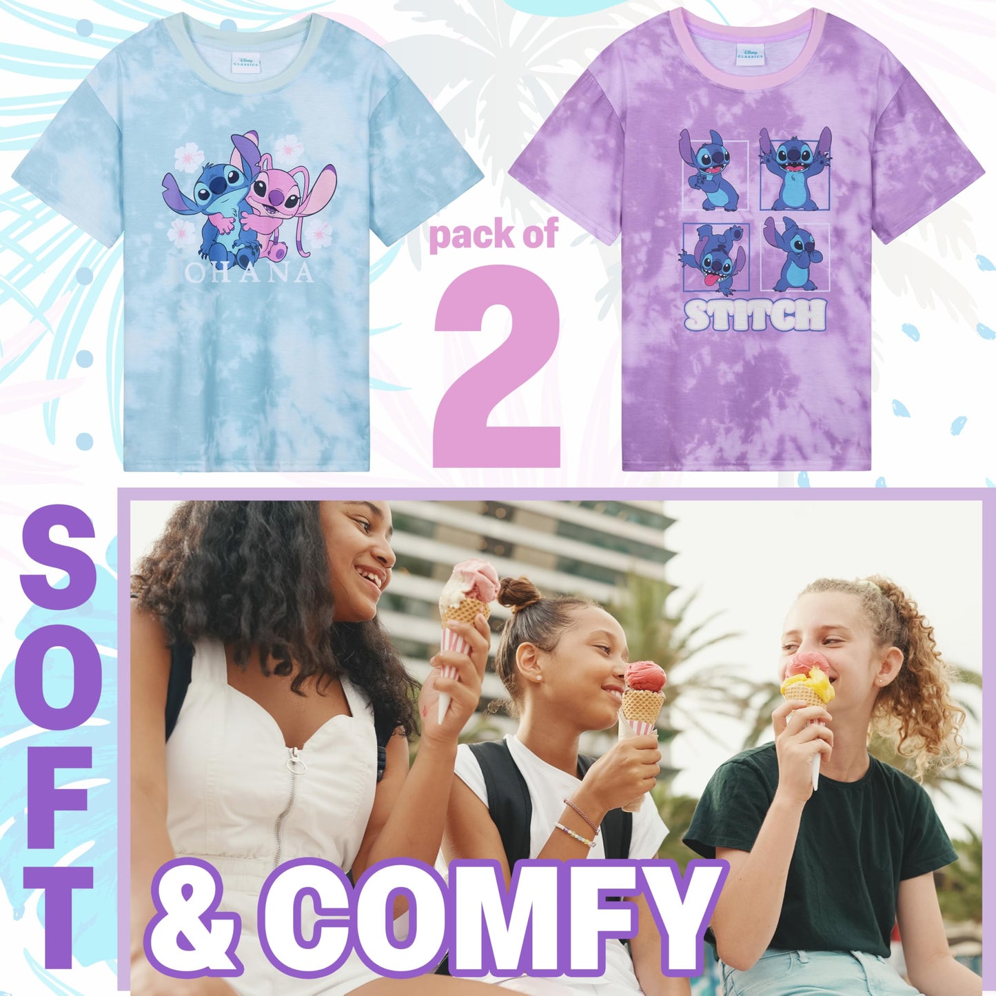 Disney Stitch T Shirt Mädchen Teenagers mit Rundhalsausschnitt 2er Pack Farbenfrohe T-Shirt Kinder Set Geschenke für Mädchen