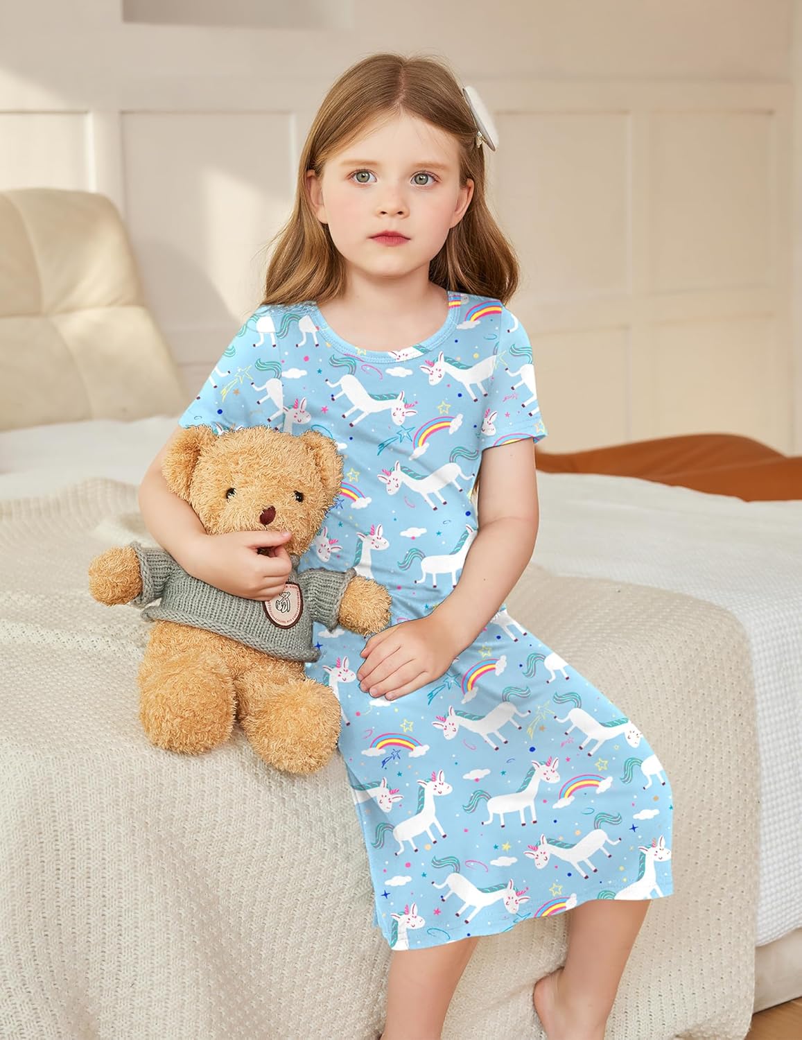 Arshiner Nachthemd Mädchen Kurzarm Pyjamas Kinder Schlafkleid Katze Einhorn Rundhals Nachtkleid 4-12 Jahre
