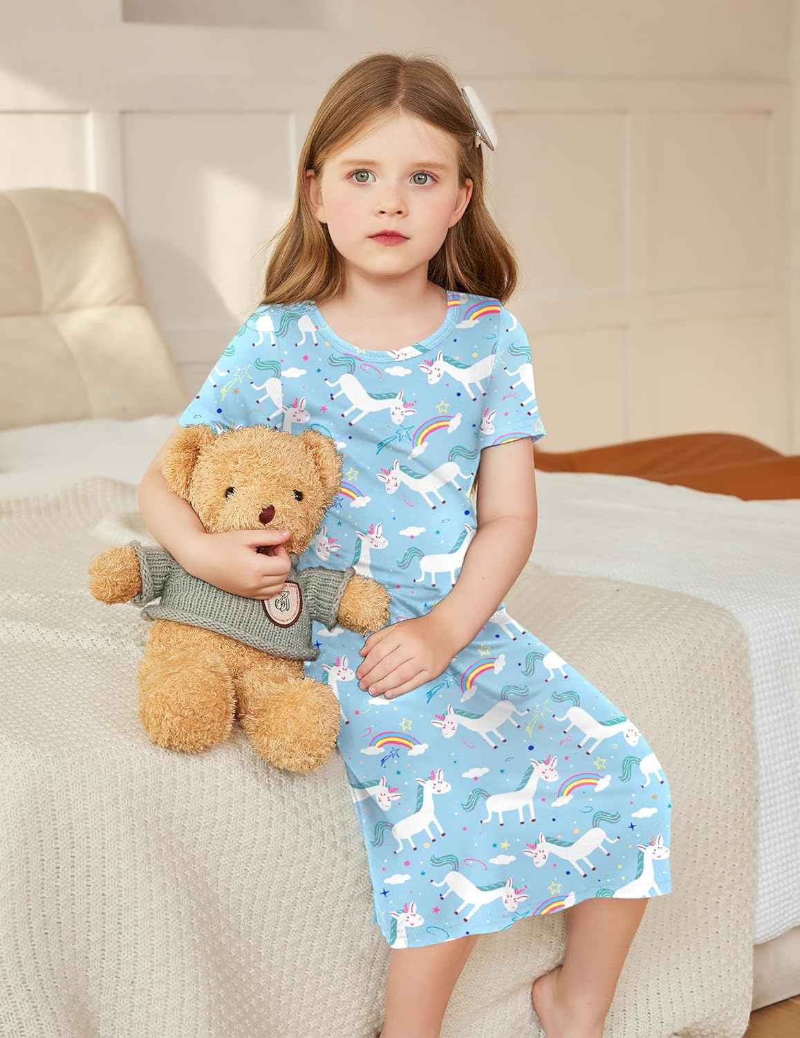 Arshiner Nightdress Girls Short Sleeve Pyjamas Children's Sleep Dress Cat Unicorn Crew Neck Night Dress 4-12 Years