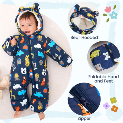 JiAmy Baby Winter Snowsuit, Toddler Bear Hood Fold-Over Mittens Booties Jumpsuit Toddler Warm Fleece Romper Girls Boys Warm Jumpsuit 3-24 Months