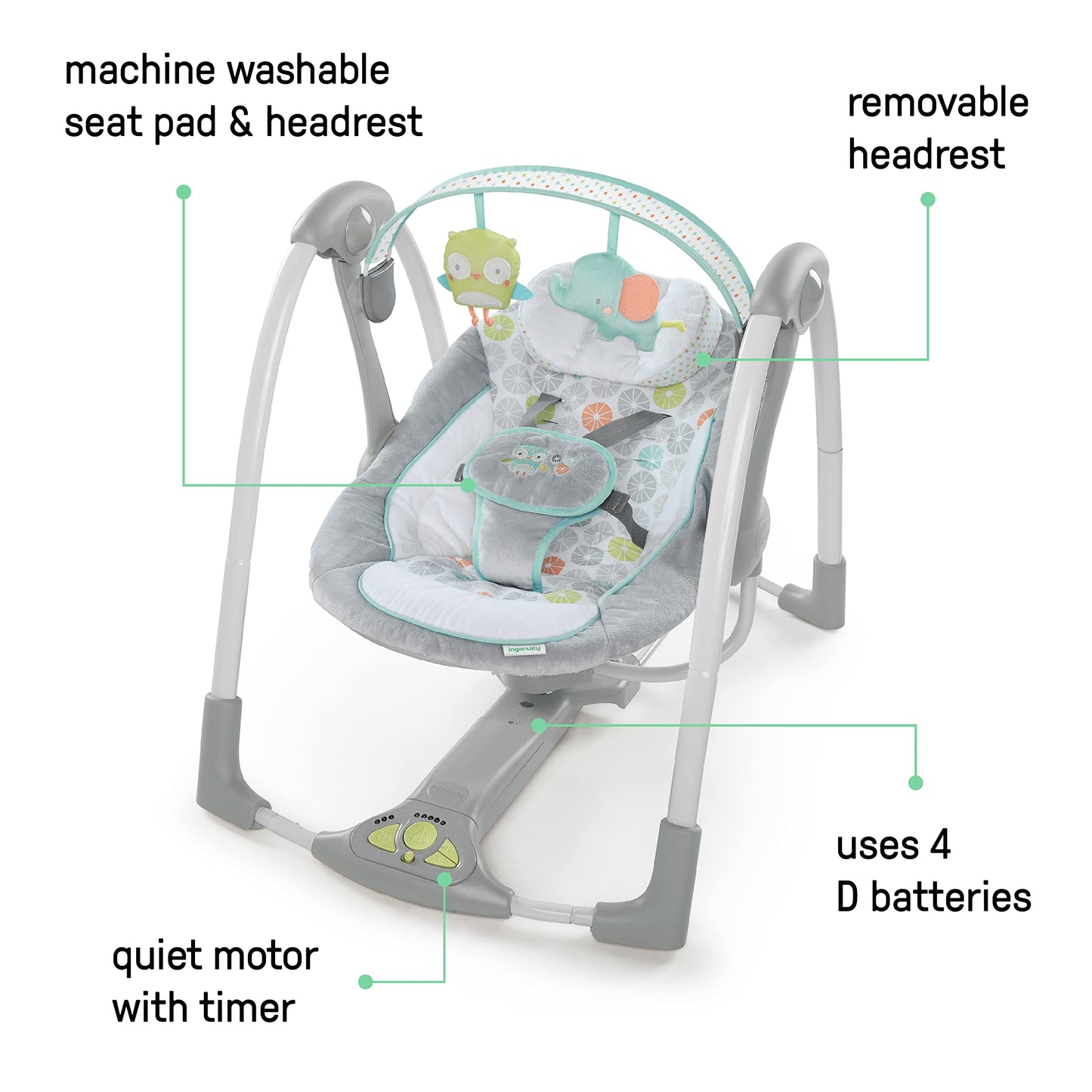 Ingenuity Hugs & Hoots zusammenklappbare & tragbare Babyschaukel, 5 Schaukelgeschwindigkeiten, 8 Melodien, 3 Naturgeräusche, Lautstärkeregulierung und Spielzeugbügel, ab der Geburt bis 9kg