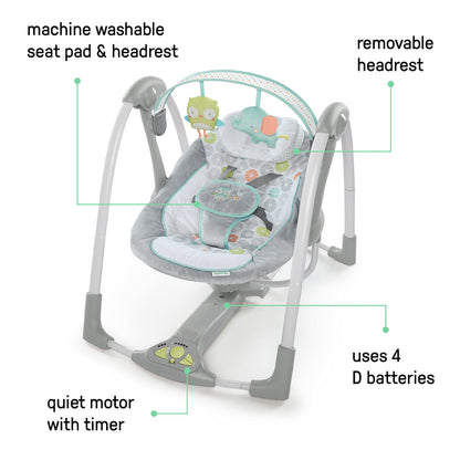 Ingenuity Hugs & Hoots zusammenklappbare & tragbare Babyschaukel, 5 Schaukelgeschwindigkeiten, 8 Melodien, 3 Naturgeräusche, Lautstärkeregulierung und Spielzeugbügel, ab der Geburt bis 9kg