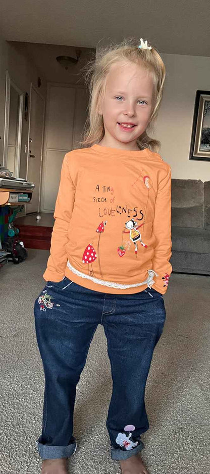 MAXIMGR Baby-Kleidung für Mädchen, Kleinkind, Mädchen, Herbst-Outfit, niedlich, langärmelig, Cartoon-Pullover, Denim-Hose, Sets für Herbst und Winter