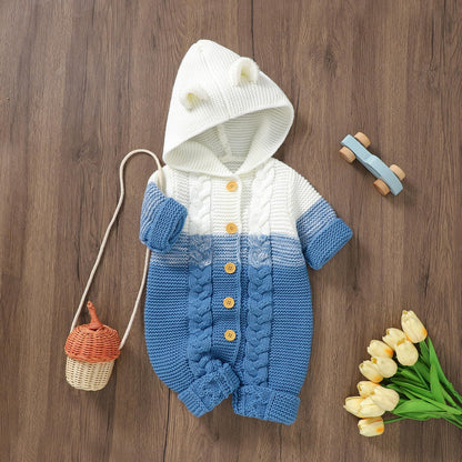 OBEEII Newborn Baby Knitted Romper Jumpsuit with Hood Ear Onesies Pullover Winter Warmer Onesie Bodysuit for Boys Girls