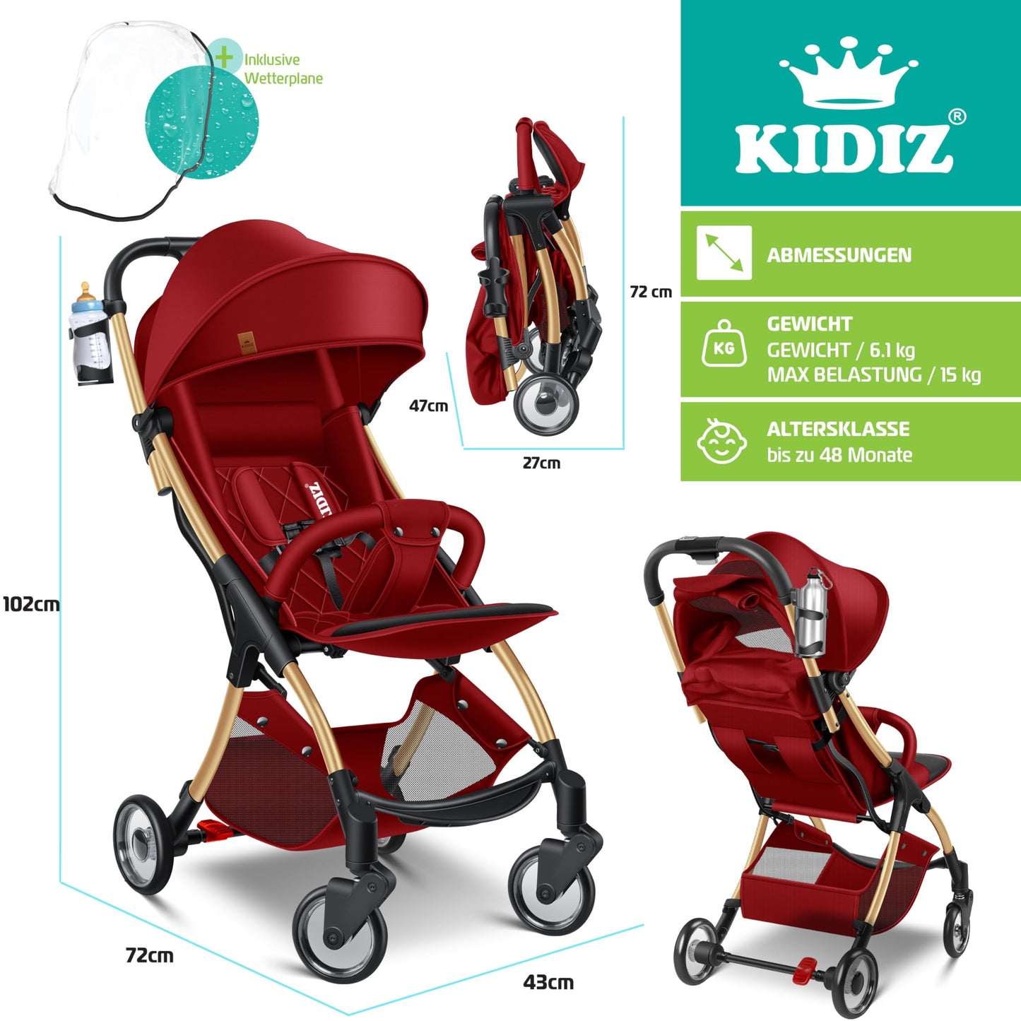KIDIZ® Folding Pushchair, Sports Pram, 360° Wheels, 5-Point Harness, incl. Drinks Holder, Rain Cover, Adjustable Backrest and Sun Canopy, Red