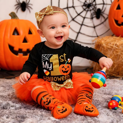 Baby Girl Halloween Outfit, My First Halloween Baby Girl Clothing, Halloween Outfit Baby, Newborn Halloween Baby Pumpkin Romper + Tutu Skirt + Leg Warmer + Headband, Baby Clothing Halloween