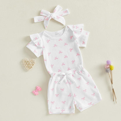 3-teiliges Baby-Mädchen-Sommer-Kleidungsset Rüschen-Kurzarm-Strampler + Rüschen-Shorts + Stirnband Baby-Set Weiches Neugeborenes Ausgehen Outfit