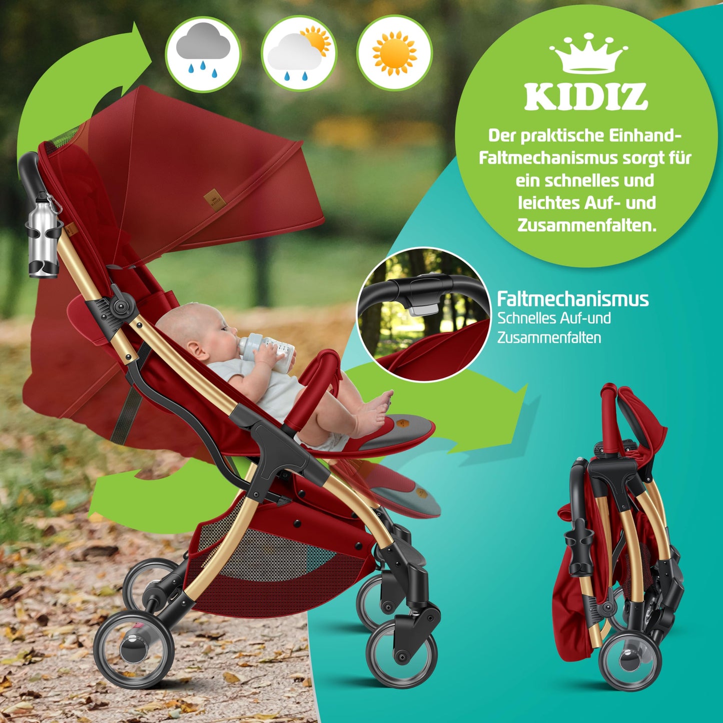 KIDIZ® Folding Pushchair, Sports Pram, 360° Wheels, 5-Point Harness, incl. Drinks Holder, Rain Cover, Adjustable Backrest and Sun Canopy, Red
