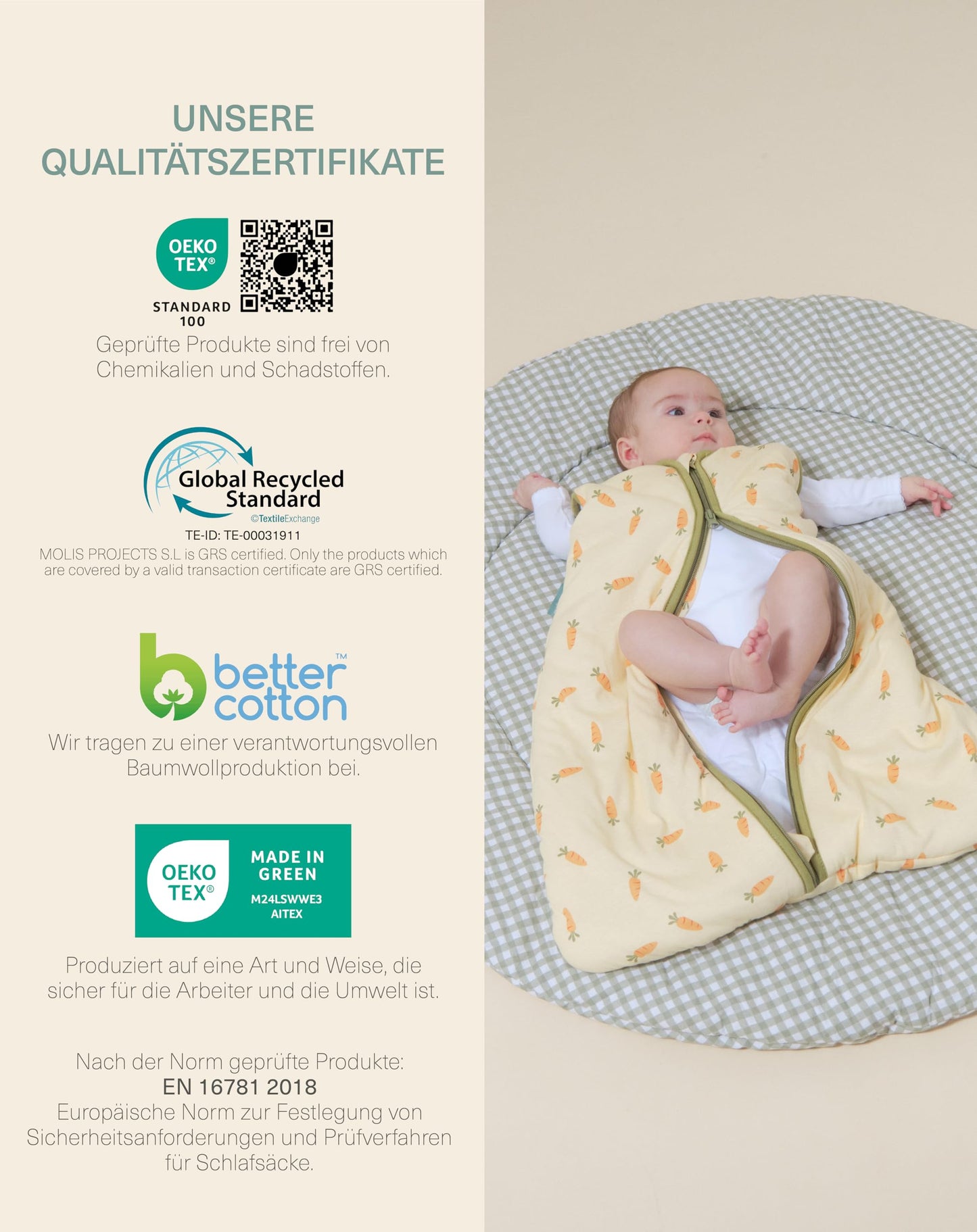 molis&co - Baby Sleeping Bag 2.5 TOG - All-Year Sleeping Bag - Baby Sleeping Bag Newborn - 100% Cotton (Oeko-Tex 100), Sleeveless Winter Sleeping Bag Padded - Premium Quality - Colima (70 cm)